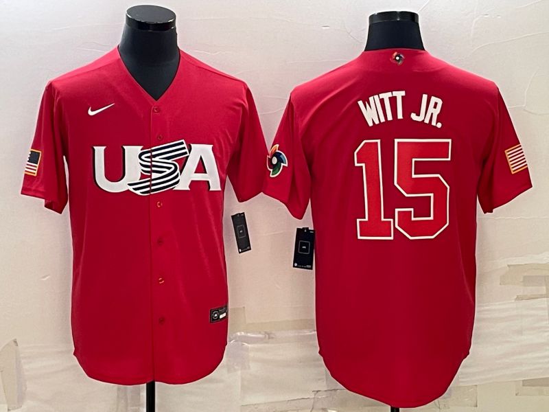 Men 2023 World Cub USA 15 Witt jr Red Nike MLB Jersey10